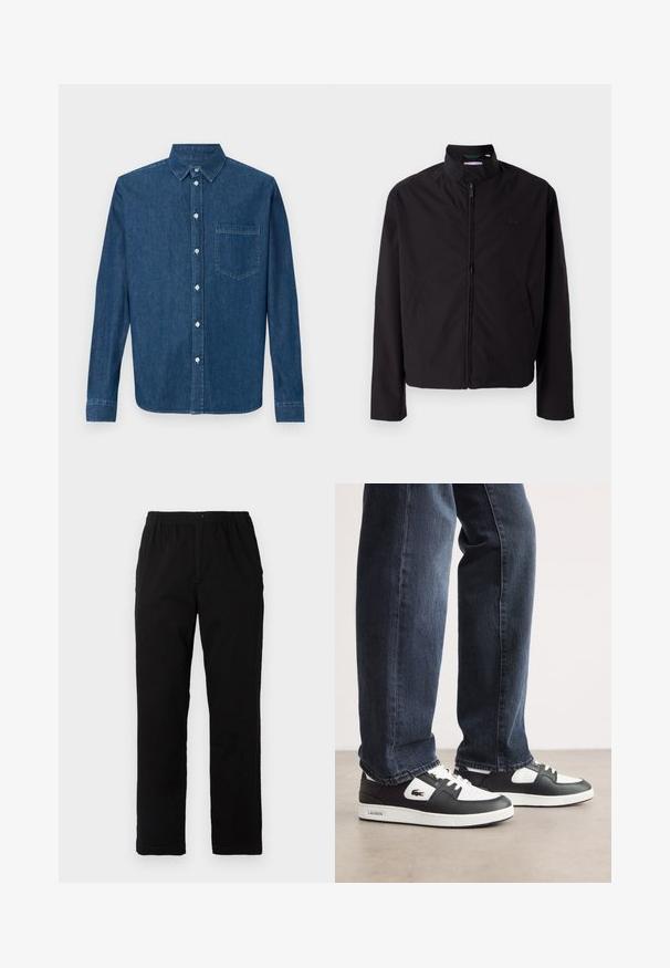 Chaqueta ligera negra, cierre de cremallera, cuello alzado, bolsillos laterales, tejido suave, diseño minimalista con acento de logo en el pecho.; Camisa de mezclilla azul oscuro con mangas largas, cierre frontal de botones, cuello y un solo bolsillo en el pecho. Presenta una textura suave y un corte estándar.; Pantalones negros de tejido de mezcla de algodón, con corte recto, cintura elástica con botón y sin patrones o acentos visibles.; Zapatillas Lacoste en blanco y negro con una parte superior de cuero texturizado, que presentan un diseño con cordones y una suela de goma blanca. Combinadas con jeans oscuros.