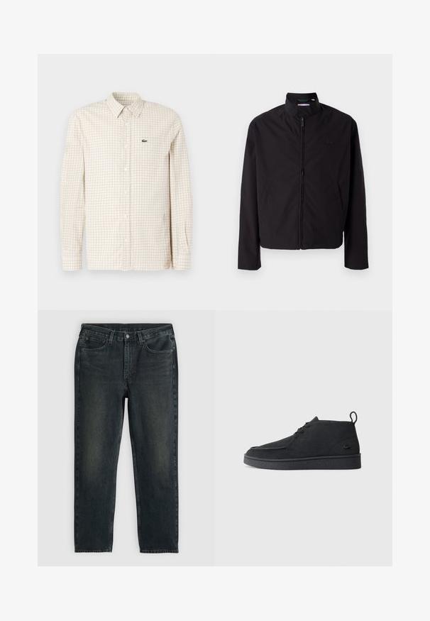 Schwarze leichte Jacke, mit Reißverschluss, Stehkragen, Seitentaschen, glattes Material, minimalistisches Design mit Logo-Akzent auf der Brust.; Langärmliges Hemd zum Zuschknöpfen in Creme mit einem hellbraunen Gittermuster, ausgestattet mit einem klassischen Kragen und einem kleinen gestickten Logo.; Dunkelblaue Jeans aus Denim mit geradem Bein, fünf Taschen, Reißverschluss und kontrastierenden Nähten. Dezente Ausbleichungen im Stoff.; Schwarze Wildleder Schnürstiefelette mit Zuglasche und strukturiertem Boden, ausgestattet mit kleinem eingeprägtem Krokodil-Logo an der Seite.