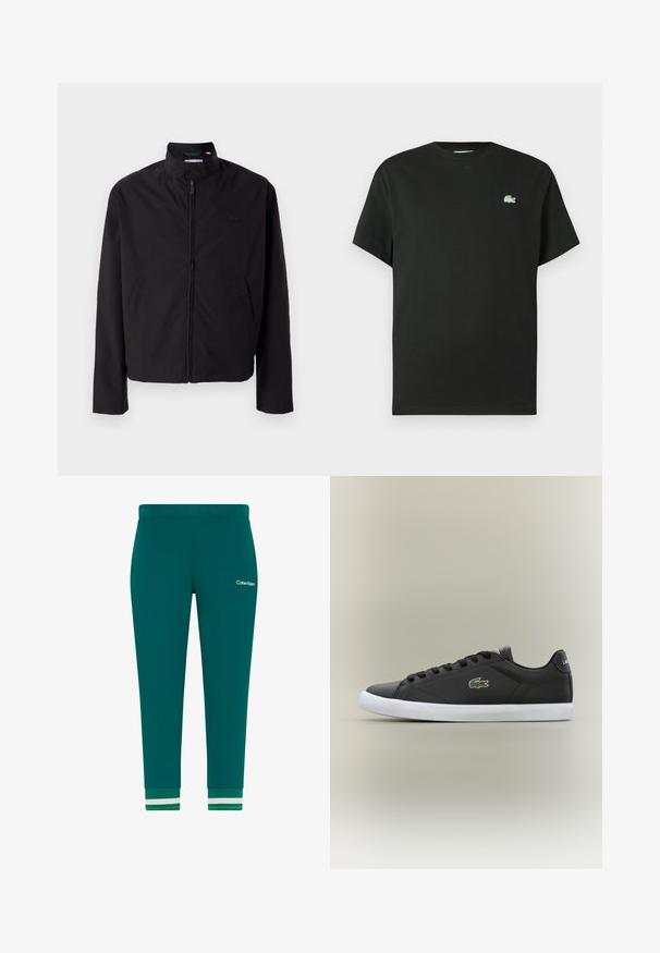 Zwarte lichtgewicht jas, ritssluiting, opstaande kraag, zijzakken, gladde stof, minimalistisch ontwerp met logo-accent op de borst.; Zwart katoenen t-shirt met een ronde hals, korte mouwen en een groen geborduurd logo op de linkerborst. Gladde textuur, ontspannen pasvorm.; Groene katoenen joggingsbroek met taps toelopende pijpen, elastische tailleband en geribbelde boorden met witte en groene strepen. Calvin Klein-logo op de heup.; Zwarte leren sneakers met een witte rubberen zool, voorzien van een groen krokodil logo en ronde veters, slank ontwerp met een gladde textuur.
