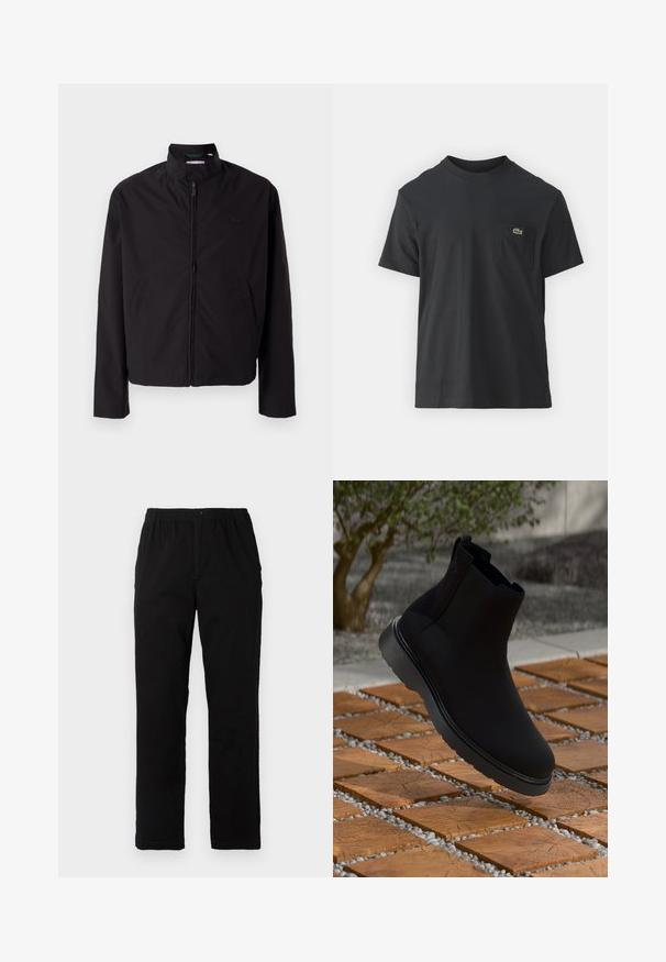 Svart lett jakke med glidelås, oppreist krage, lommer på siden, glatt stoff, minimalistisk design med logo-akkent på brystet.; Svart bomull t-skjorte med korte ermer, rund hals og en liten grønn logo på venstre brystlomme. Enkelt design, normal passform.; Sorte bukser laget av bomullsblandet stoff, med rett snitt, elastisk midjebånd med knapp, og uten synlige mønstre eller detaljer.; Sorte ankelstøvler laget av glatt materiale med subtile sømmer, gummisåle og et strømlinjeformet design, plassert over en trestrukturert overflate.