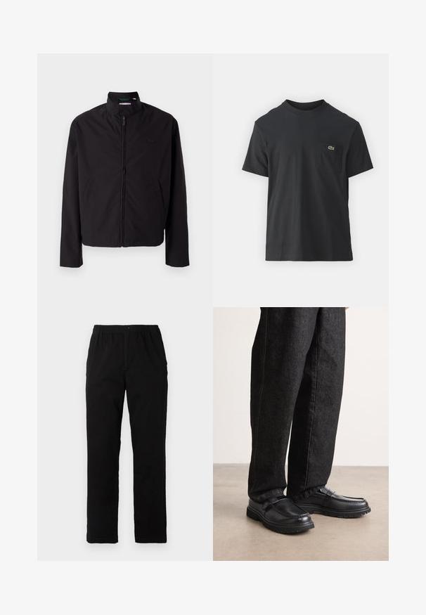 Giacca nera leggera, chiusura con zip, colletto alto, tasche laterali, tessuto morbido, design minimalista con accento del logo sul petto.; T-shirt in cotone nero con maniche corte, scollatura rotonda e un piccolo logo verde sul taschino sinistro. Design semplice, vestibilità regolare.; Pantaloni neri realizzati in un tessuto misto cotone, caratterizzati da un taglio dritto, vita elastica con bottone e senza motivi o dettagli visibili.; Scarpe in pelle nera con finitura testurizzata, caratterizzate da un design con cucitura in rilievo e una suola in gomma robusta, indossate con pantaloni in denim scuro.