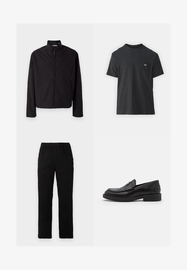 Black lightweight jacket, zip closure, stand-up collar, side pockets, smooth fabric, minimalistic design with logo accent on the chest.; Black cotton t-shirt with short sleeves, round neckline, and a small green logo on the left chest pocket. Simple design, regular fit.; Black pants made of cotton blend fabric, featuring a straight cut, elastic waistband with button, and no visible patterns or accents.; Black leather loafers with a rounded toe, tonal stitching, and a strap detail across the front. Rubber sole with a low heel.