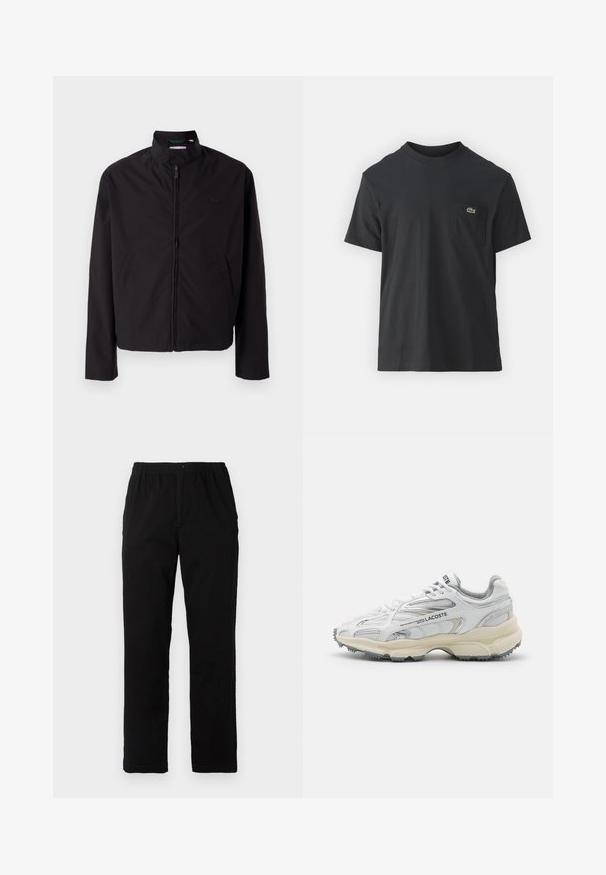 Casaco leve preto, com fecho elétrico, gola alta, bolsos laterais, tecido liso, design minimalista com logótipo em destaque no peito.; Camiseta de algodão preta com mangas curtas, decote redondo e um pequeno logo verde no bolso do peito esquerdo. Design simples, corte regular.; Calças pretas feitas de um tecido de algodão misto, com corte reto, cintura elástica com botão e sem padrões ou detalhes visíveis.; Tênis atléticos brancos com detalhes em cinza, parte superior em malha e sintético, design com atacadores e solado em borracha texturizada com padrões de tração.