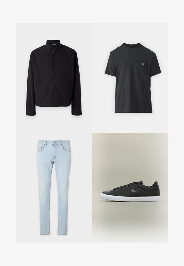 Svart lett jakke med glidelås, oppreist krage, lommer på siden, glatt stoff, minimalistisk design med logo-akkent på brystet.; Svart bomull t-skjorte med korte ermer, rund hals og en liten grønn logo på venstre brystlomme. Enkelt design, normal passform.; Lyseblå denimjeans med slim fit, som har lommer foran og bak, samt lett slitasje på stoffet for tekstur.; Svarte lær sneakers med hvit gummisåle, med grønt krokodillelogo og runde snører, elegant design med glatt tekstur.