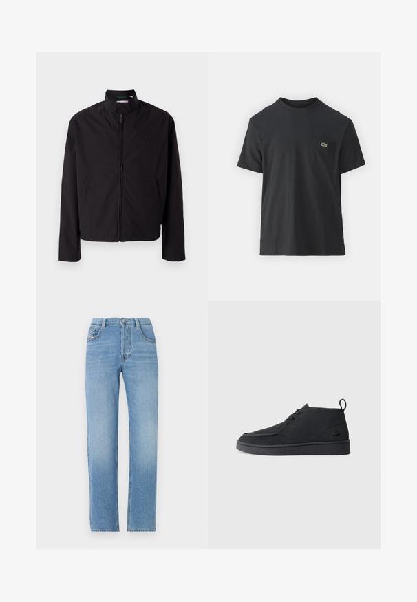 Giacca nera leggera, chiusura con zip, colletto alto, tasche laterali, tessuto morbido, design minimalista con accento del logo sul petto.; T-shirt in cotone nero con maniche corte, scollatura rotonda e un piccolo logo verde sul taschino sinistro. Design semplice, vestibilità regolare.; Jeans in denim blu chiaro con design a gamba dritta, chiusura a bottone, stile a cinque tasche e una leggera texture sbiadita. Silhouette classica dei jeans.; Stivale alla caviglia in suede nero con lacci, dotato di una linguetta per il tiraggio e suola testurizzata, caratterizzato da un piccolo logo a forma di coccodrillo embossato sul lato.