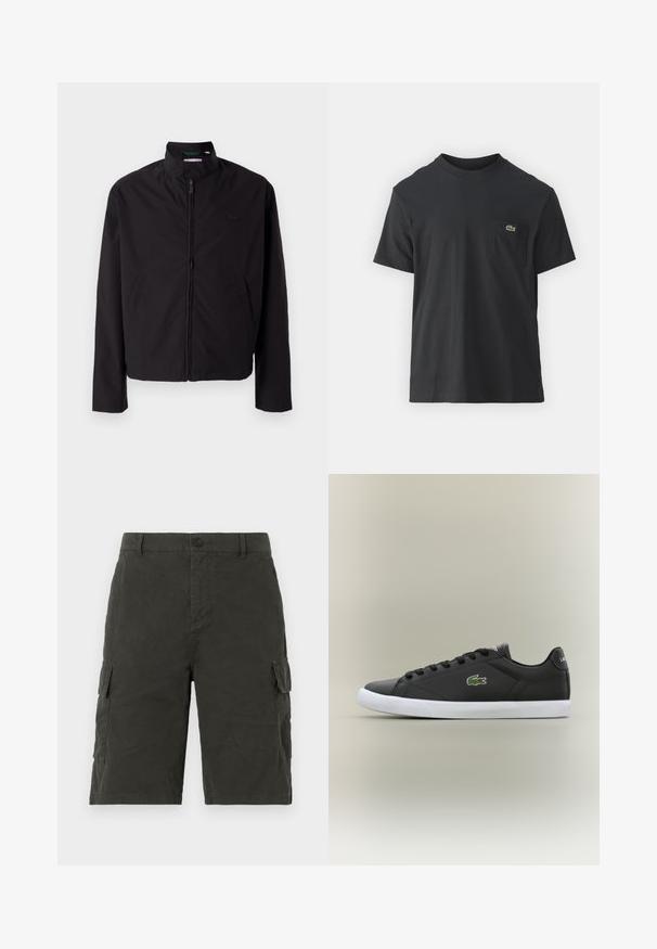 Zwarte lichtgewicht jas, ritssluiting, opstaande kraag, zijzakken, gladde stof, minimalistisch ontwerp met logo-accent op de borst.; Zwarte katoenen t-shirt met korte mouwen, ronde halslijn en een klein groen logo op de linkerkant van de borstzak. Eenvoudig ontwerp, normale pasvorm.; Donkergroene cargoshorts van een lichte stof, met twee zijzakken en een knoopsluiting bij de taille.; Zwarte leren sneakers met een witte rubberen zool, voorzien van een groen krokodil logo en ronde veters, slank ontwerp met een gladde textuur.