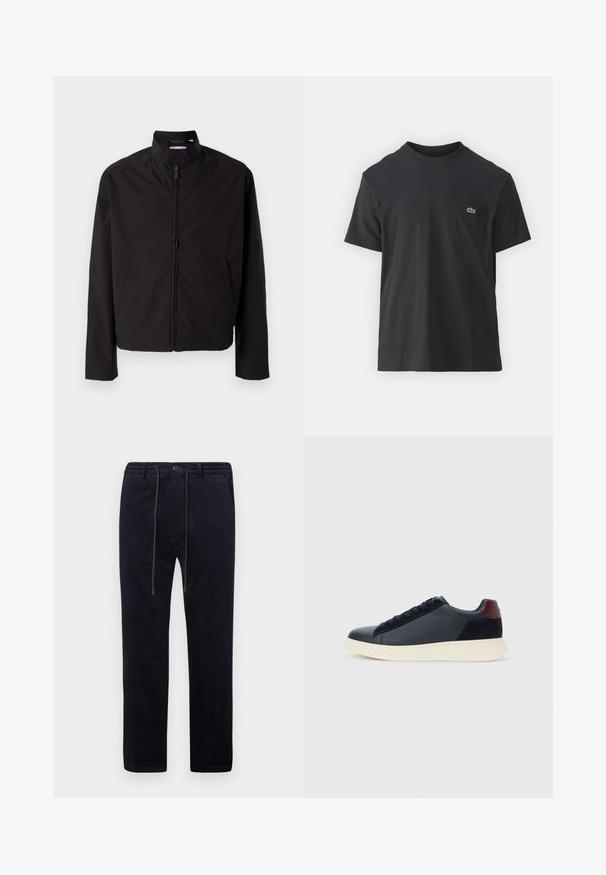 Veste légère noire, fermeture éclair, col montant, poches latérales, tissu lisse, design minimaliste avec accent logo sur la poitrine.; T-shirt en coton noir à manches courtes, col rond, avec un petit logo vert sur la poche gauche de la poitrine. Design simple, coupe regular.; Pantalons en velours côtelé bleu marine avec une surface texturée, jambes droites, taille élastique, cordon de serrage et poches avant.; Baskets basses pour hommes en cuir noir et daim avec un tirant de talon bordeaux et une semelle en caoutchouc blanche, vues depuis le côté extérieur.