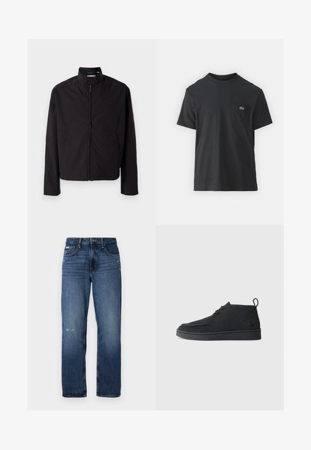 Black lightweight jacket, zip closure, stand-up collar, side pockets, smooth fabric, minimalistic design with logo accent on the chest.; Black cotton t-shirt with short sleeves, round neckline, and a small green logo on the left chest pocket. Simple design, regular fit.; Blue denim jeans with a straight leg design. Features faded areas and light distressing on the front, with a classic button closure.; Black suede lace-up ankle boot with pull tab and textured sole, featuring small embossed crocodile logo on the side.