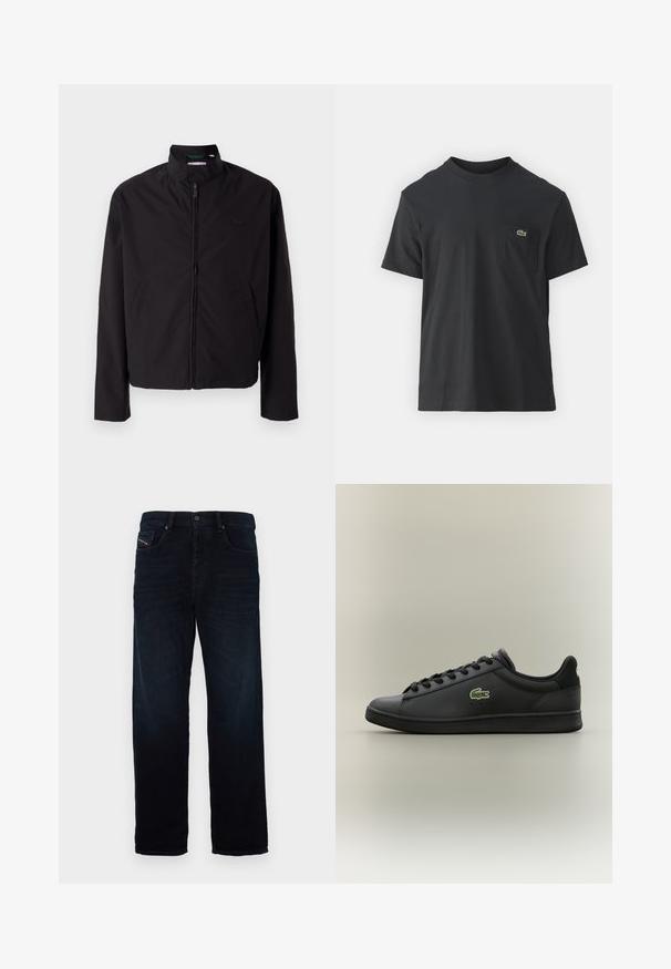 Crna lagana jakna, zatvaranje na zip, stojeći ovratnik, bočni džepovi, glatka tkanina, minimalistički dizajn s logotipom na prsima.; Crna pamučna majica s kratkim rukavima, okruglim izrezom i malim zelenim logotipom na lijevoj strani džepa. Jednostavan dizajn, regularni kroj.; Tamno plave traperice ravnog kroja, s prednjim džepom i zatvaranjem na gumb. Tkanina ima glatku teksturu i suptilan sjaj.; Crna niska kožna tenisica s crnim vezicama koja ima zeleni krokodilski logo sa strane, smještena na jednoličnoj neutralnoj pozadini.