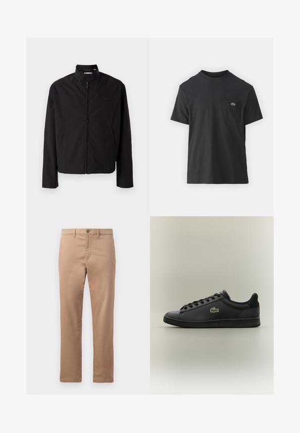 Crna lagana jakna, zatvaranje na zip, stojeći ovratnik, bočni džepovi, glatka tkanina, minimalistički dizajn s logotipom na prsima.; Crna pamučna majica s kratkim rukavima, okruglim izrezom i malim zelenim logotipom na lijevoj strani džepa. Jednostavan dizajn, regularni kroj.; Svijetlosmeđi chinos od pamuka s glatkom teksturom, s patentnim zatvaračem i kopčanjem na gumb. Direktan kroj nogavica, bez vidljivih uzoraka ili dodataka.; Crna niska kožna tenisica s crnim vezicama koja ima zeleni krokodilski logo sa strane, smještena na jednoličnoj neutralnoj pozadini.
