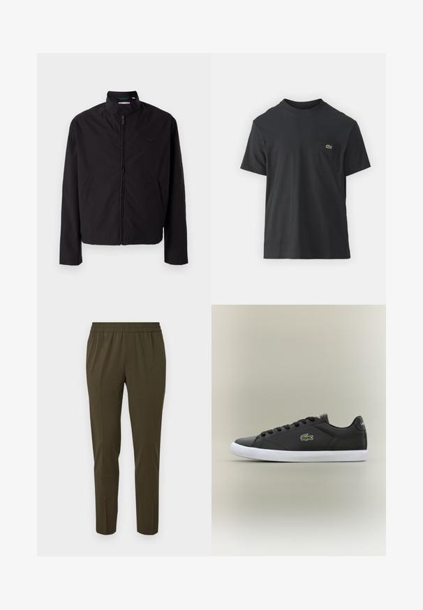 Casaco leve preto, com fecho elétrico, gola alta, bolsos laterais, tecido liso, design minimalista com logótipo em destaque no peito.; Camiseta de algodão preta com mangas curtas, decote redondo e um pequeno logo verde no bolso do peito esquerdo. Design simples, corte regular.; Samsøe Samsøe SMITHY - Calças - forest night; Tênis de couro preto com sola de borracha branca, apresentando um logotipo de crocodilo verde e cadarços redondos, design elegante com textura suave.