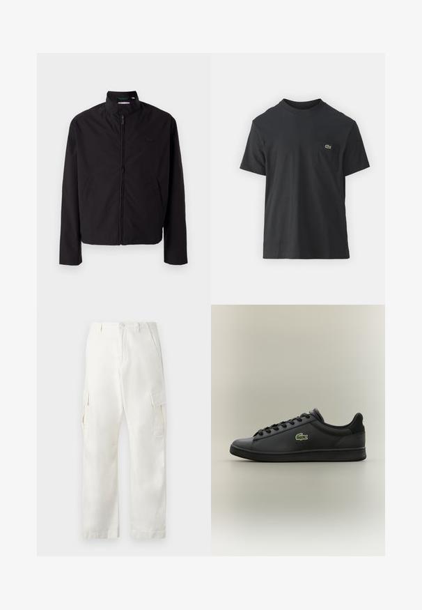 Giacca nera leggera, chiusura con zip, colletto alto, tasche laterali, tessuto morbido, design minimalista con accento del logo sul petto.; T-shirt in cotone nero con maniche corte, scollatura rotonda e un piccolo logo verde sul taschino sinistro. Design semplice, vestibilità regolare.; Pantaloni cargo bianchi in cotone, con un design a gamba dritta, due tasche laterali e due tasche cargo sulle cosce.; Sneaker in pelle nera a bassa incollatura con lacci neri, dotata di un logo di coccodrillo verde sul lato, su uno sfondo neutro uniforme.