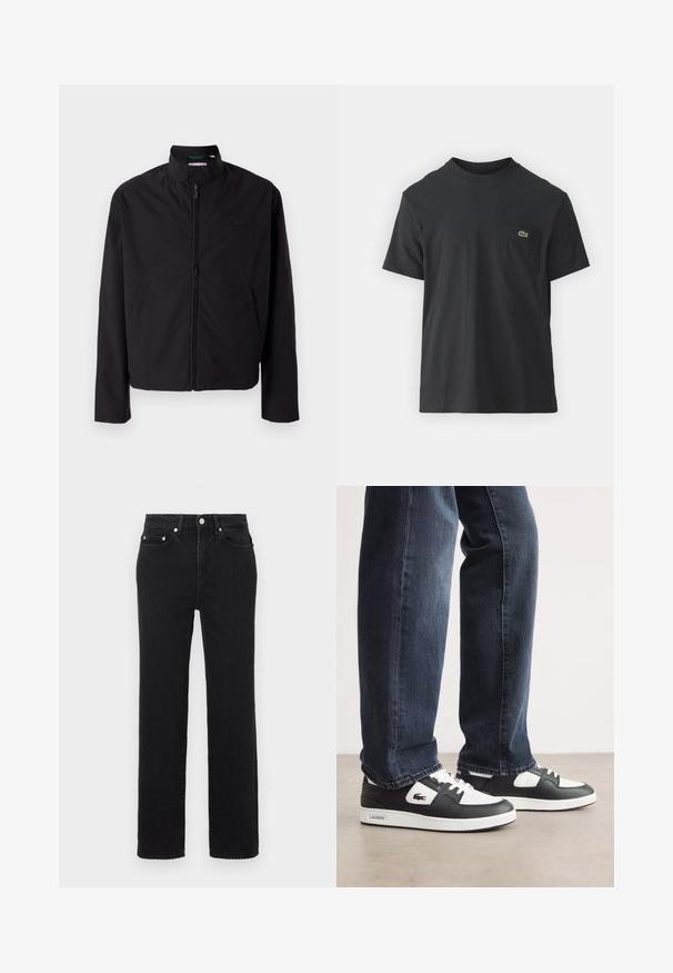 Chaqueta ligera negra, cierre de cremallera, cuello alzado, bolsillos laterales, tejido suave, diseño minimalista con acento de logo en el pecho.; Camiseta de algodón negra de manga corta, con cuello redondo y un pequeño logotipo verde en el bolsillo izquierdo del pecho. Diseño simple, ajuste regular.; Pantalones vaqueros negros de talle alto y corte recto, con bolsillos delanteros y traseros, cierre de botón plateado y trabillas para cinturón sobre un fondo blanco.; Zapatillas Lacoste en blanco y negro con una parte superior de cuero texturizado, que presentan un diseño con cordones y una suela de goma blanca. Combinadas con jeans oscuros.