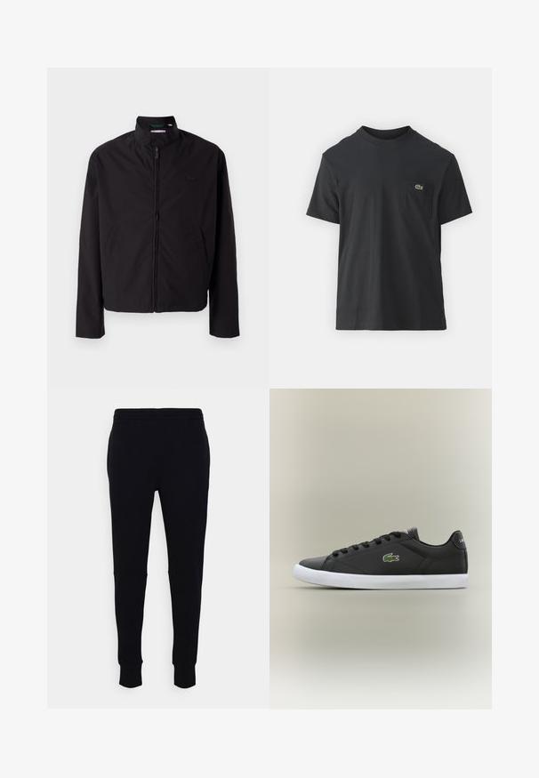 Schwarze leichte Jacke, mit Reißverschluss, Stehkragen, Seitentaschen, glattes Material, minimalistisches Design mit Logo-Akzent auf der Brust.; Schwarz Baumwoll-T-Shirt mit kurzen Ärmeln, rundem Ausschnitt und einem kleinen grünen Logo auf der linken Brusttasche. Einfaches Design, reguläre Passform.; Schwarze Jogginghose aus weichem Stoff mit schmal zulaufendem Schnitt, elastischem Bund und gerippten Bündchen an den Knöcheln. Keine sichtbaren Muster.; Schwarze Leder-Sneaker mit weißer Gummisohle, ausgestattet mit einem grünen Krokodil-Logo und runden Schnürsenkeln, elegantes Design mit glatter Textur.