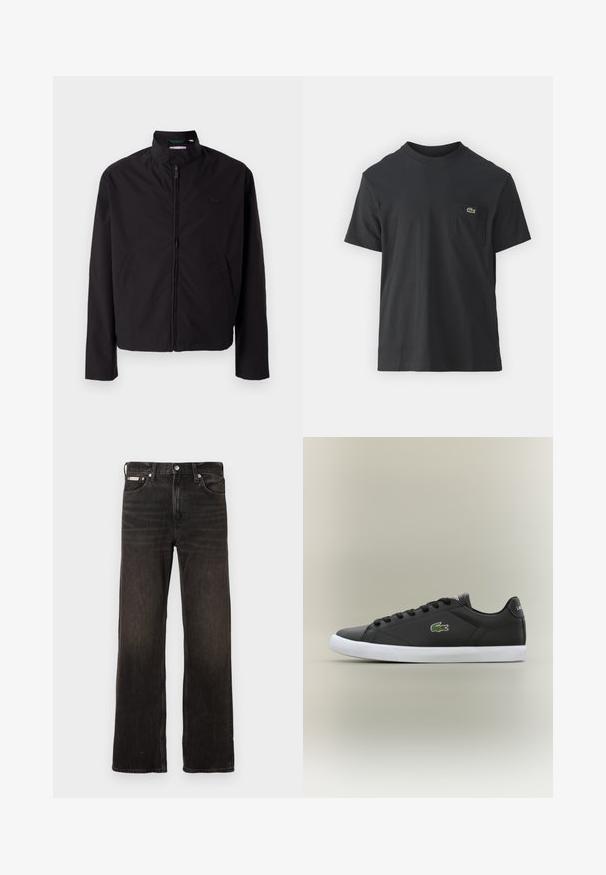 Črna lahka jakna, zadrga, dvignjen ovratnik, stranska žepa, gladka tkanina, minimalističen dizajn z logotipom na prsih.; Črna bombažna majica s kratkimi rokavi, okroglo ovratnikom in majhnim zelenim logotipom na levem žepu. Preprost dizajn, redna prileganje.; Črne kavbojke iz denima s ravnim krojem, zbledelim zaključkom, petimi žepi in kovinskim gumbom za zapiranje. Imajo rahlo strgano teksturo.; Črne usnjene superge z belo gumijasto podplatom, z zelenim krokodiljim logotipom in okroglimi vezalkami, elegantna zasnova z gladko teksturo.