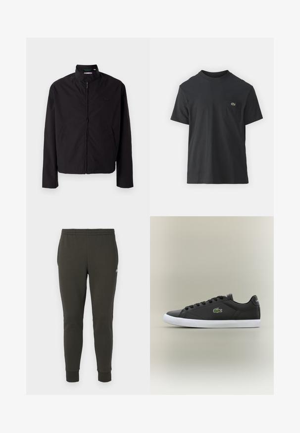 Chaqueta ligera negra, cierre de cremallera, cuello alzado, bolsillos laterales, tejido suave, diseño minimalista con acento de logo en el pecho.; Camiseta de algodón negra de manga corta, con cuello redondo y un pequeño logotipo verde en el bolsillo izquierdo del pecho. Diseño simple, ajuste regular.; Joggers de color verde oscuro, fabricados en tejido suave, con una cinturilla elástica, puños acanalados y un pequeño logo en el costado.; Zapatillas de cuero negro con suela de goma blanca, con un logo de cocodrilo verde y cordones redondos, diseño elegante con textura suave.