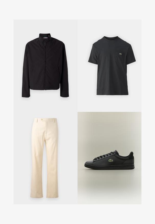Sorte letvægtsjakke, lynlås lukning, opretstående krave, sidelommer, glat stof, minimalistisk design med logo accent på brystet.; Sort bomulds t-shirt med korte ærmer, rund halsudskæring og et lille grønt logo på venstre brystlomme. Enkel design, normal pasform.; Beige bomuldsbukser med lige pasform, lynlås og knaplukning. Rent design uden synlige mønstre eller hardware-accenter.; Sorte lavtop lædersneakers med sorte snørebånd og et grønt krokodillelogo på siden, placeret mod en ensfarvet neutral baggrund.