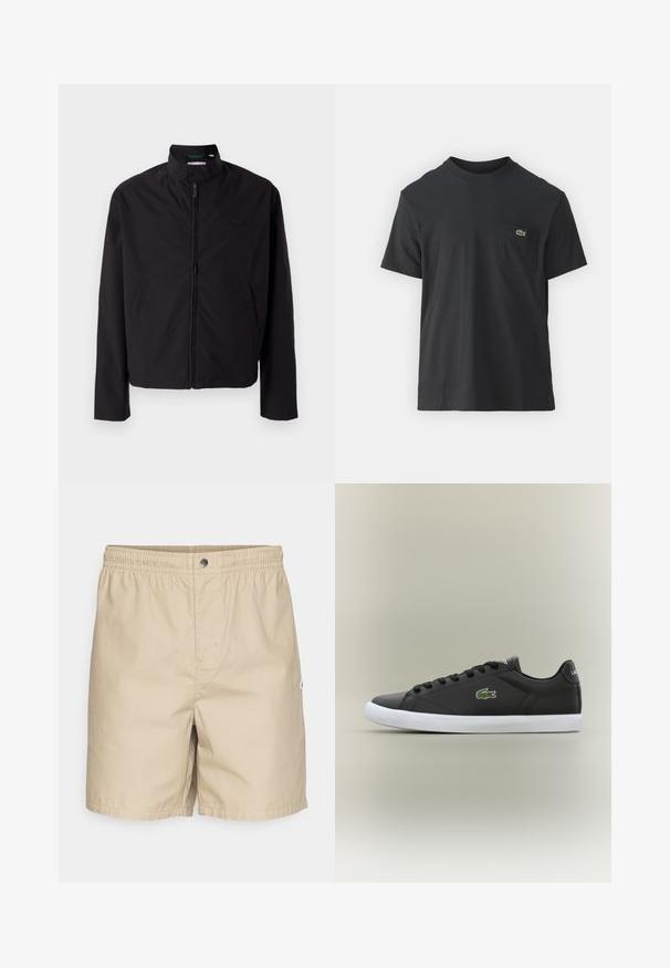 Svart lett jakke med glidelås, oppreist krage, lommer på siden, glatt stoff, minimalistisk design med logo-akkent på brystet.; Svart bomull t-skjorte med korte ermer, rund hals og en liten grønn logo på venstre brystlomme. Enkelt design, normal passform.; Beige badedraktshorts med elastisk linning, frontlås med trykknapp og en logo-lapp på siden. Laget av lett, glatt stoff med en avslappet passform.; Svarte lær sneakers med hvit gummisåle, med grønt krokodillelogo og runde snører, elegant design med glatt tekstur.