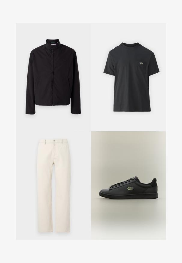 Schwarze leichte Jacke, mit Reißverschluss, Stehkragen, Seitentaschen, glattes Material, minimalistisches Design mit Logo-Akzent auf der Brust.; Schwarz Baumwoll-T-Shirt mit kurzen Ärmeln, rundem Ausschnitt und einem kleinen grünen Logo auf der linken Brusttasche. Einfaches Design, reguläre Passform.; Beige gerade geschnittene Jeans aus Baumwolle, mit einem Knopfverschluss, Gürtelschlaufen und einer schlichten Textur ohne Muster.; Schwarzer, niedrig geschnittener Ledersneaker mit schwarzen Schnürsenkeln, der ein grünes Krokodil-Logo an der Seite trägt, vor einem schlichten, neutralen Hintergrund.