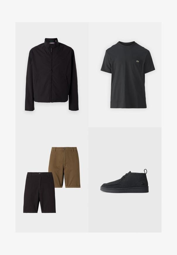 Černá lehká bunda, zapínání na zip, stojací límec, boční kapsy, hladká tkanina, minimalistický design s logem na prsou.; Černé bavlněné tričko s krátkým rukávem, kulatým výstřihem a malým zeleným logem na levé kapse. Jednoduchý design, klasický střih.; Dva páry kraťasů: jedny černé, jedny olivově zelené. Oba mají hladkou tkaninu, rovné nohavice a přední knoflíkové zapínání.; Černé semišové kotníkové boty na šněrování s poutkem a texturovanou podrážkou, s malým reliéfním krokodýlím logem na boku.