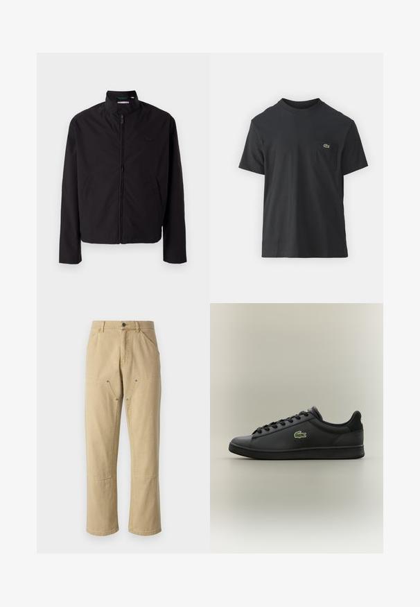 Musta kevyt takki, vetoketjukiinnitys, ylösnostettava kaulus, sivutaskut, sileä kangas, minimalistinen muotoilu logovivahteella rinnassa.; Mustat puuvillapaidat, joissa on lyhyet hihat, pyöreä pääntie ja pieni vihreä logo vasemmassa rintataskussa. Yksinkertainen muotoilu, normaali istuvuus.; Kahki cargo-housut, jotka on valmistettu puuvillasta ja niissä on rento istuvuus. Housuissa on kaksi sivupikkutaskua vetoketjulla ja näkyvät ompelusyöt.; Musta matala nahkakengät mustilla nauhoilla, joissa on vihreä krokotiililogo sivussa, asetettuna yksinkertaista neutraalia taustaa vasten.