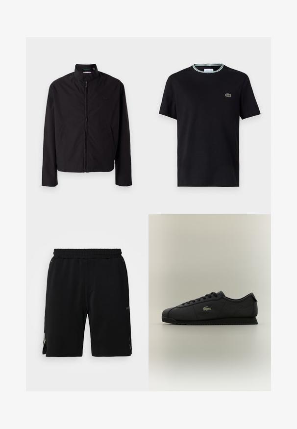 Casaco leve preto, com fecho elétrico, gola alta, bolsos laterais, tecido liso, design minimalista com logótipo em destaque no peito.; T-shirt de algodão preta com decote redondo, apresentando um acabamento em riscas brancas e verdes, e um logo de crocodilo verde bordado no lado esquerdo do peito.; Calções atléticos pretos com uma cintura elástica, apresentando fendas laterais e um detalhe discreto do logótipo numa cor contrastante nas laterais inferiores.; Sapatilha preta de cano baixo com atacadores na frente, sola texturizada e logotipo dourado de crocodilo na lateral.