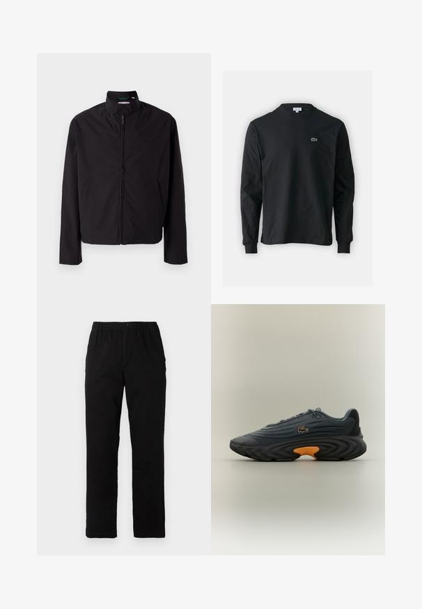 Crna lagana jakna, zatvaranje na zip, stojeći ovratnik, bočni džepovi, glatka tkanina, minimalistički dizajn s logotipom na prsima.; Crna majica dugih rukava od pamuka, s okruglim izrezom i malim zelenim izvezenim logotipom krokodila s lijeve strane prsnog dijela.; Crne hlače od pamuka s dodatkom, ravnog kroja, s elastičnim pojasom i dugmetom, bez vidljivih uzoraka ili ukrasa.; Lacoste tene muškarci tamnosivi s teksturiranom gornjom strukturom, istaknutom zakrivljenom crnom potplatom i svijetlo narančastim detaljem na peti. Dizajn s vezicama s logotipom.