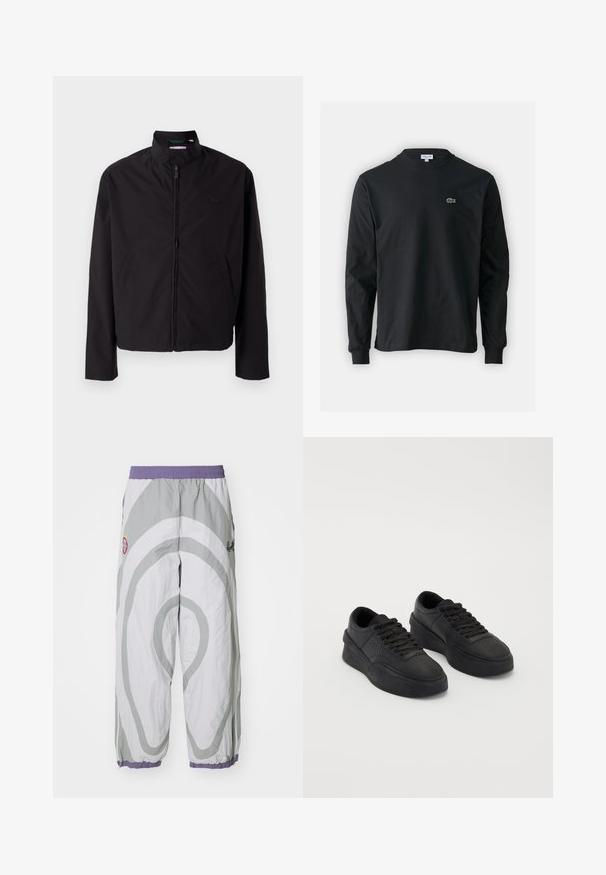 Musta kevyt takki, vetoketjukiinnitys, ylösnostettava kaulus, sivutaskut, sileä kangas, minimalistinen muotoilu logovivahteella rinnassa.; Musta pitkähiha t-paita, joka on valmistettu puuvillasta. Paita on varustettu pyöreällä kaula-aukolla ja vasemmassa rinnassa on pieni vihreä brodeerattu krokotiililogo.; Keve, harmaat, kuviolliset housut, joissa on valkoinen kieppuva kuvio. Varustettu joustavalla vyötäröllä ja kapenevilla hihoilla, joissa on violetit yksityiskohdat.; Mustat lenkkarit, jotka on valmistettu sileästä nahasta ja joissa on pehmeä pohja. Ominaisuuksiin kuuluvat tasaiset nauhat, rei'itykset varpaassa ja huoliteltu siluetti.