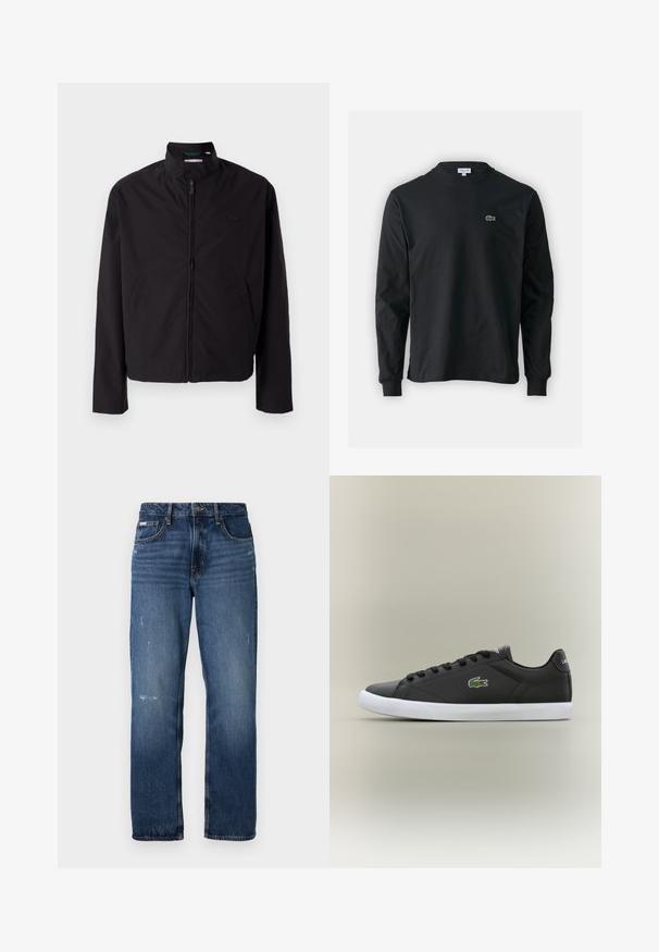Czarna lekka kurtka, zapinana na zamek, z kołnierzem stojącym, kieszeniami po bokach, gładki materiał, minimalistyczny design z akcentem logo na piersi.; Czarna koszulka z długim rękawem, wykonana z bawełny, z okrągłym dekoltem i małym haftowanym logo krokodyla w kolorze zielonym po lewej stronie klatki piersiowej.; Niebieskie dżinsy z prostą nogawką. Posiadają wyblakłe obszary oraz lekkie przetarcia na przodzie, z klasycznym zapięciem na guzik.; Czarne skórzane sneakersy z białą gumową podeszwą, z zielonym logo krokodyla i okrągłymi sznurówkami, o smukłym designie i gładkiej fakturze.