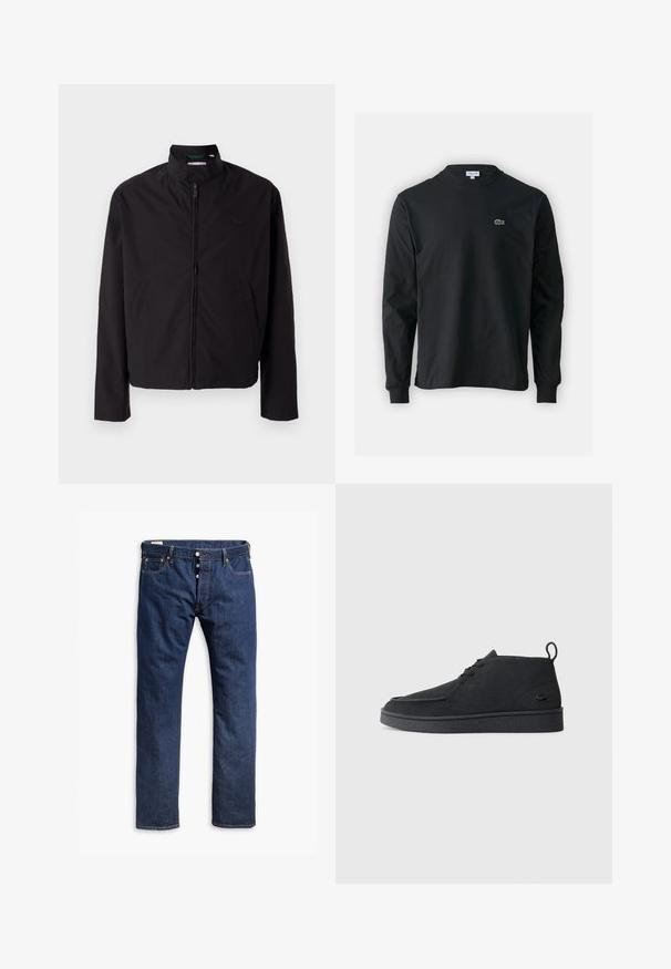 Giacca nera leggera, chiusura con zip, colletto alto, tasche laterali, tessuto morbido, design minimalista con accento del logo sul petto.; T-shirt a maniche lunghe nera in cotone, con scollatura rotonda e un piccolo logo di coccodrillo ricamato in verde sul lato sinistro del petto.; Jeans in denim blu scuro con design a gamba dritta, cuciture a contrasto, chiusura con bottone e stile a cinque tasche.; Stivale alla caviglia in suede nero con lacci, dotato di una linguetta per il tiraggio e suola testurizzata, caratterizzato da un piccolo logo a forma di coccodrillo embossato sul lato.