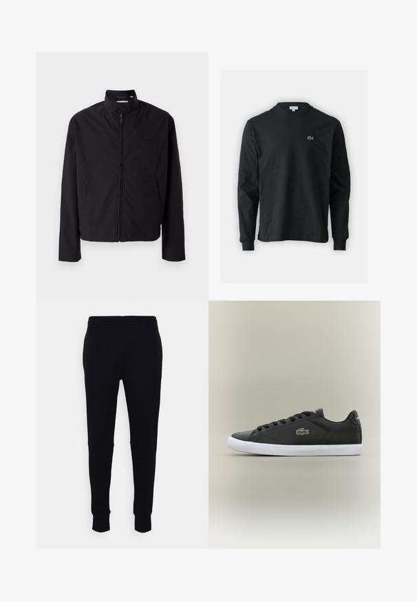 Sorte letvægtsjakke, lynlås lukning, opretstående krave, sidelommer, glat stof, minimalistisk design med logo accent på brystet.; Sort langærmet t-shirt lavet af bomuld, med rund halsudskæring og et lille grønt broderet krokodillelogo på venstre bryst.; Sorte svedbukser lavet af blødt stof, med en tapered pasform, elastisk talje og ribbede manchetter ved anklerne. Ingen synlige mønstre.; Sorte lædersneakers med hvid gummisål, der har et grønt krokodillelogo og runde snørebånd, slank design med glat tekstur.