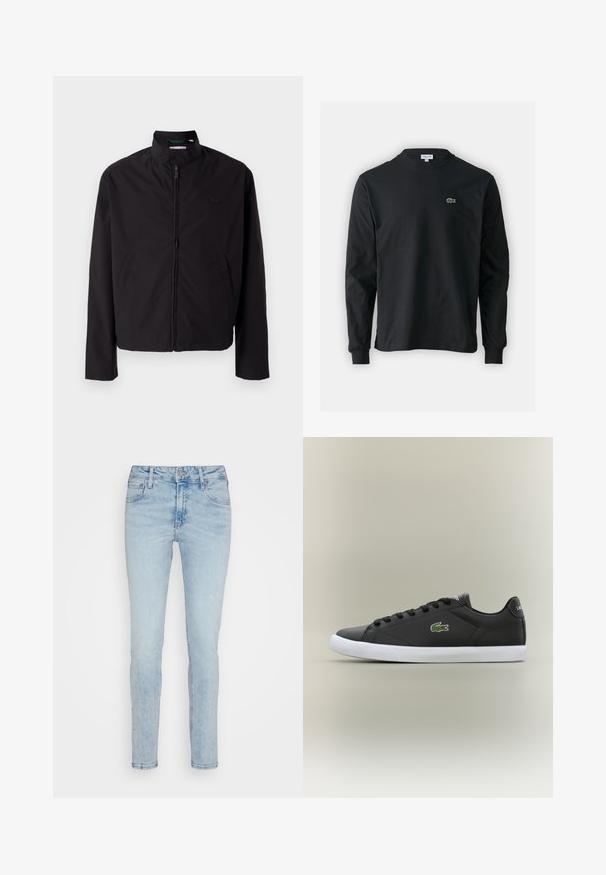 Zwarte lichtgewicht jas, ritssluiting, opstaande kraag, zijzakken, gladde stof, minimalistisch ontwerp met logo-accent op de borst.; Zwarte longsleeve t-shirt van katoen, met een ronde halslijn en een klein groen geborduurd krokodillenlogo op de linkerborst.; Lichtblauwe denim jeans met een slim fit, voorzien van een klassieke vijf-pocket ontwerp, riemlussen en een ritsluiting. Zachte textuur met een lichte vervaging.; Zwarte leren sneakers met een witte rubberen zool, voorzien van een groen krokodil logo en ronde veters, slank ontwerp met een gladde textuur.