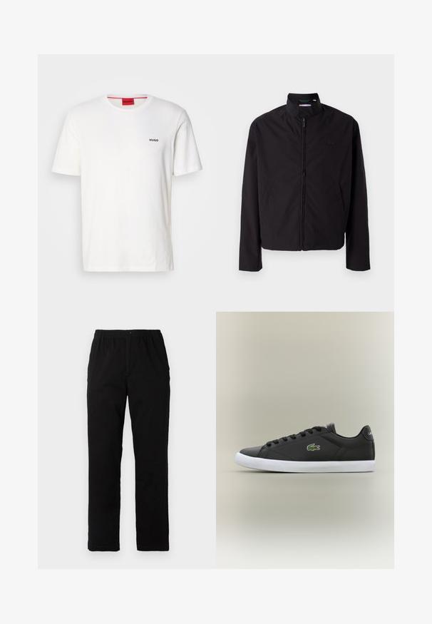 Black lightweight jacket, zip closure, stand-up collar, side pockets, smooth fabric, minimalistic design with logo accent on the chest.; White cotton T-shirt with crew neck, short sleeves, featuring a small black "HUGO" logo on the left chest and a contrasting red label inside.; Black pants made of cotton blend fabric, featuring a straight cut, elastic waistband with button, and no visible patterns or accents.; Black leather sneakers with white rubber sole, featuring a green crocodile logo and round laces, sleek design with smooth texture.