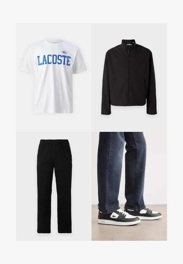 Casaco leve preto, com fecho elétrico, gola alta, bolsos laterais, tecido liso, design minimalista com logótipo em destaque no peito.; T-shirt de algodão branco com letras azuis em bloco a dizer "LACOSTE" e um pequeno logo de crocodilo preto no lado esquerdo.; Calças pretas feitas de um tecido de algodão misto, com corte reto, cintura elástica com botão e sem padrões ou detalhes visíveis.; Sneakers Lacoste em preto e branco com parte superior em couro texturizado, apresentando um design com atacadores e uma sola de borracha branca. Usadas com jeans escuros.