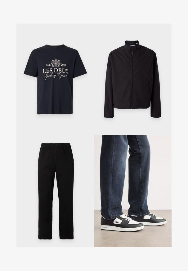 Black lightweight jacket, zip closure, stand-up collar, side pockets, smooth fabric, minimalistic design with logo accent on the chest.; Navy cotton t-shirt with short sleeves. Features white text: "LES DEUX Sporting Goods EST. 2011" and a circular logo design.; Black pants made of cotton blend fabric, featuring a straight cut, elastic waistband with button, and no visible patterns or accents.; Black and white Lacoste sneakers with a textured leather upper, featuring a lace-up design and a white rubber outsole. Worn with dark jeans.