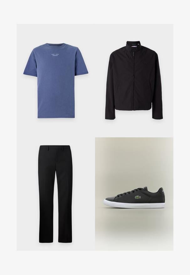 Zwarte lichtgewicht jas, ritssluiting, opstaande kraag, zijzakken, gladde stof, minimalistisch ontwerp met logo-accent op de borst.; Navyblauw kortekoope T-shirt van katoen. Met een ronde halslijn en kleine witte tekst op de borst: "SAMSØE SAMSØE KOPENHAGEN."; Zwarte op maat gemaakte broek met een rechte pijpdesign, gemaakt van gladde stof. Kenmerken zijn onder andere een platte voorkant en een middelhoge tailleband.; Zwarte leren sneakers met een witte rubberen zool, voorzien van een groen krokodil logo en ronde veters, slank ontwerp met een gladde textuur.