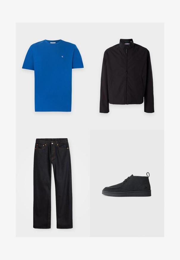 Czarna lekka kurtka, zapinana na zamek, z kołnierzem stojącym, kieszeniami po bokach, gładki materiał, minimalistyczny design z akcentem logo na piersi.; Niebieski bawełniany t-shirt z okrągłym dekoltem i krótkimi rękawami. Na lewej piersi znajduje się małe białe logo. Gładka tekstura, casualowy design.; Męskie jeansy w prostym kroju, czarne, z pięcioma kieszeniami oraz pomarańczowymi strefami, z zapięciem na guzik i zamek z przodu w pasie.; Czarne zamszowe botki za kostkę na sznurki z pętelką i teksturowaną podeszwą, z małym wytłoczonym logo krokodyla z boku.