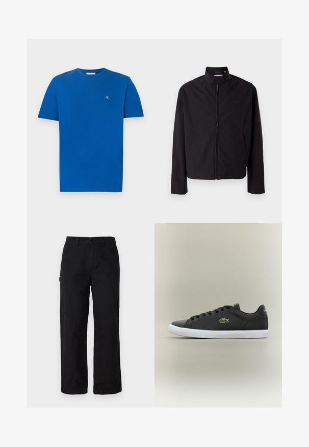 Crna lagana jakna, zatvaranje na zip, stojeći ovratnik, bočni džepovi, glatka tkanina, minimalistički dizajn s logotipom na prsima.; Plava pamučna majica s okruglim izrezom i kratkim rukavima. Na lijevoj strani prsnog dijela nalazi se mali bijeli logo. Glatka tekstura, ležeran dizajn.; Crne pamučne cargo hlače s ravnim krojem, koje imaju bočne džepove i kopčanje na gumbe sprijeda. Izdržljivi materijal s glatkom teksturom.; Crne kožne tenisice s bijelim gumenim potplatom, s zelenim krokodilom kao logotipom i okruglim vezicama, elegantnog dizajna s glatkom teksturom.