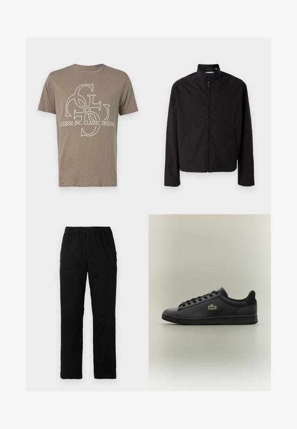 Black lightweight jacket, zip closure, stand-up collar, side pockets, smooth fabric, minimalistic design with logo accent on the chest.; Brown cotton t-shirt featuring a white graphic design with interlocking letters and "GUESS?, INC. CLASSIC DESIGN" text at the front.; Black pants made of cotton blend fabric, featuring a straight cut, elastic waistband with button, and no visible patterns or accents.; Black low-top leather sneaker with black laces featuring a green crocodile logo on the side, set against a plain neutral background.