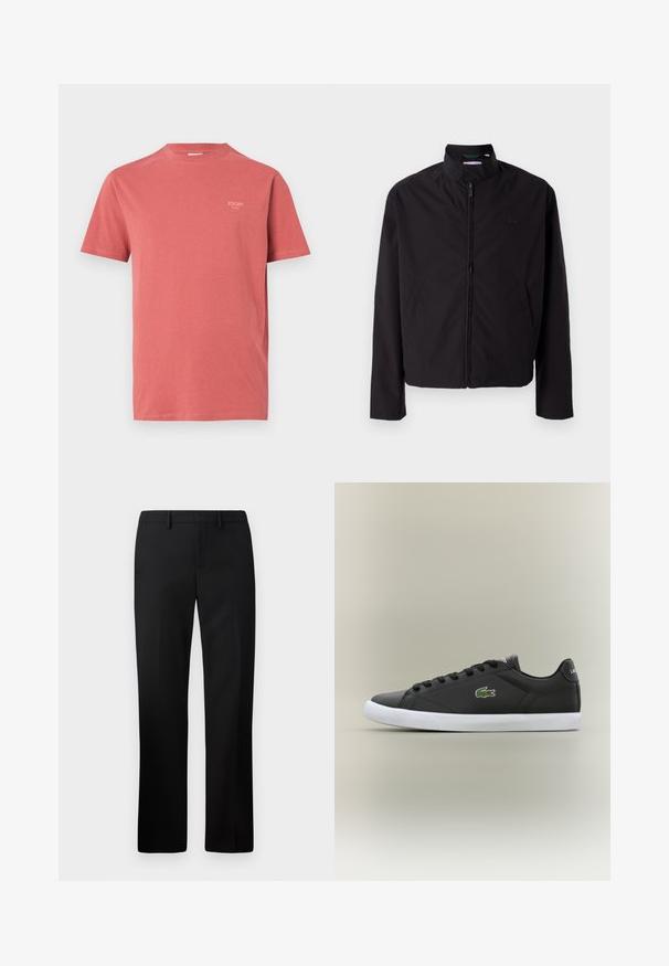 Črna lahka jakna, zadrga, dvignjen ovratnik, stranska žepa, gladka tkanina, minimalističen dizajn z logotipom na prsih.; Rdeča bombažna majica s kratkimi rokavi in okroglim izrezom, z majhnim logotipom blagovne znamke na zgornjem levem prsnem delu. Gladka tekstura.; Črne krojene hlače s ravnimi nogami, izdelane iz gladkega blaga. Lastnosti vključujejo ravno sprednjo stran in pas srednje višine.; Črne usnjene superge z belo gumijasto podplatom, z zelenim krokodiljim logotipom in okroglimi vezalkami, elegantna zasnova z gladko teksturo.