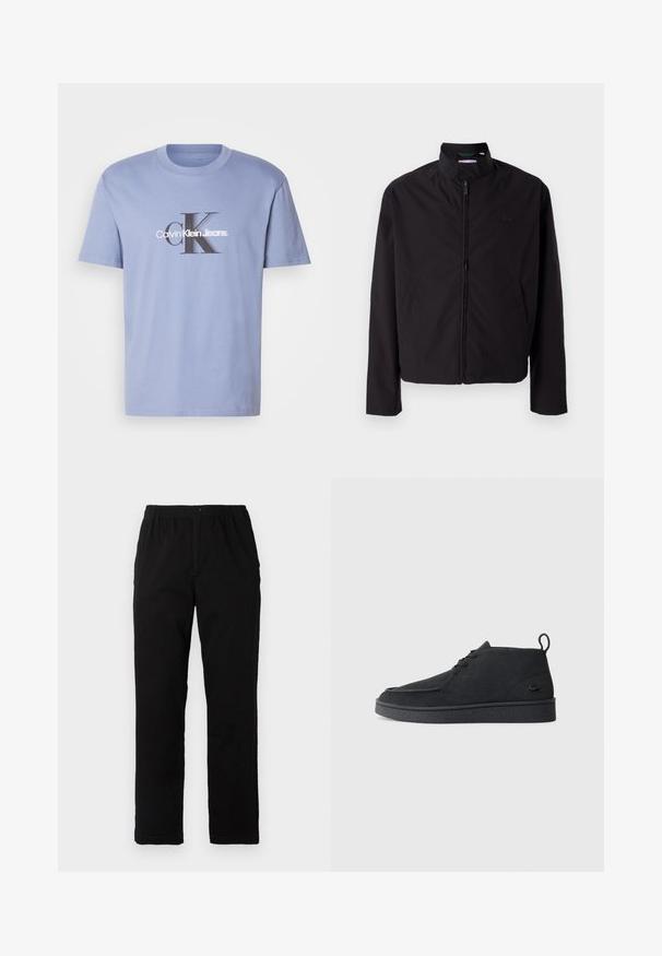 Black lightweight jacket, zip closure, stand-up collar, side pockets, smooth fabric, minimalistic design with logo accent on the chest.; Light blue cotton t-shirt featuring a central graphic in black and white reading "Calvin Klein Jeans" with bold 'CK' initials. Short sleeves.; Black pants made of cotton blend fabric, featuring a straight cut, elastic waistband with button, and no visible patterns or accents.; Black suede lace-up ankle boot with pull tab and textured sole, featuring small embossed crocodile logo on the side.