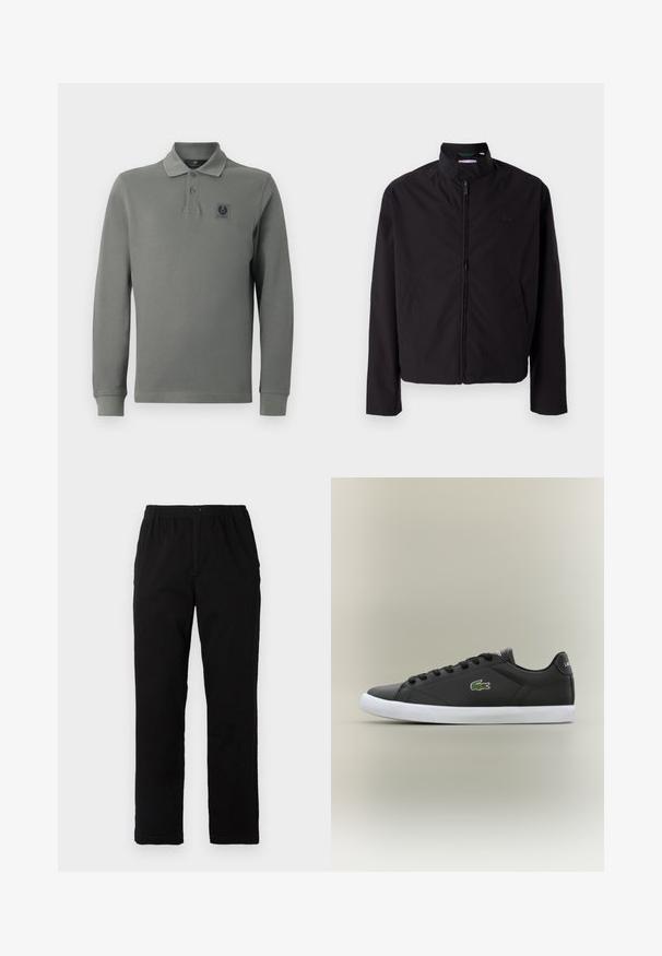 Musta kevyt takki, vetoketjukiinnitys, ylösnostettava kaulus, sivutaskut, sileä kangas, minimalistinen muotoilu logovivahteella rinnassa.; Pitkähihaisessa polo-paidassa on oliivinvihreä väri ja se on valmistettu texturoidusta kankaasta. Paidassa on kolme napinläpeä ja rintataskussa logo.; Mustat housut, jotka on valmistettu puuvilla-sekoitekankaasta, suoran mallin, joustavan vyötärönauhan ja napin kanssa, ilman näkyviä kuvioita tai yksityiskohtia.; Mustat nahkakengät valkoisella kumipohjalla, jossa on vihreä krokotiililogo ja pyöreät nauhat, sulavalinjainen muotoilu sileällä pinnalla.