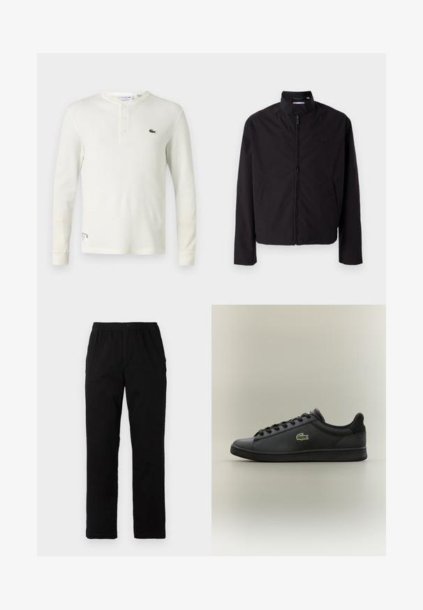 Črna lahka jakna, zadrga, dvignjen ovratnik, stranska žepa, gladka tkanina, minimalističen dizajn z logotipom na prsih.; Kremna dolgosleeva henley majica iz mehkega bombaža, ki ima tri gumbe in majhen zeleni izvezeni logo na prsih.; Črne hlače iz mešanice bombaža, s ravnim krojem, elastičnim pasom z gumbom in brez vidnih vzorcev ali akcentov.; Črn nizki usnjeni tekač s črnimi vezalkami, ki ima na strani zeleno krokodilovo ikono, postavljen na enotnem nevtralnem ozadju.