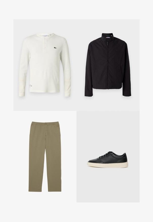Schwarze leichte Jacke, mit Reißverschluss, Stehkragen, Seitentaschen, glattes Material, minimalistisches Design mit Logo-Akzent auf der Brust.; Langärmliges cremefarbenes Rippen-Henley-Shirt aus weicher Baumwolle, mit einer Drei-Knopf-Leiste und einem kleinen grünen gestickten Logo auf der Brust.; Beige Baumwollmischungshosen mit elastischem Bund, geradem Bein, flachem Vorderteil und Seitentaschen. Ideal für den lässigen Look.; Schwarzer niedriger Ledersneaker mit schwarzen Schnürsenkeln und cremefarbenem Sohlenrand, seitlich auf weißem Hintergrund dargestellt.