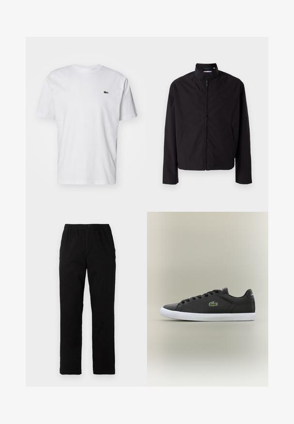 Casaco leve preto, com fecho elétrico, gola alta, bolsos laterais, tecido liso, design minimalista com logótipo em destaque no peito.; T-shirt de algodão branco com decote redondo, mangas curtas e um pequeno logótipo bordado verde no peito. Design clássico de corte reto.; Calças pretas feitas de um tecido de algodão misto, com corte reto, cintura elástica com botão e sem padrões ou detalhes visíveis.; Tênis de couro preto com sola de borracha branca, apresentando um logotipo de crocodilo verde e cadarços redondos, design elegante com textura suave.