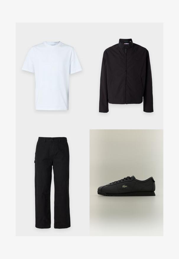 Svart lett jakke med glidelås, oppreist krage, lommer på siden, glatt stoff, minimalistisk design med logo-akkent på brystet.; Kortermet t-skjorte med rund hals laget av myk hvit bomull. Har et minimalistisk design med subtil merking på brystet.; Sorte bomulls cargos med rette ben og lommer på siden, samt frontknaplukning. Slitesterkt stoff med en glatt tekstur.; Svart lavt topp sneaker med snøring foran, teksturert såle og gull krokodille-logo på siden.