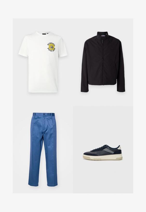 Musta kevyt takki, vetoketjukiinnitys, ylösnostettava kaulus, sivutaskut, sileä kangas, minimalistinen muotoilu logovivahteella rinnassa.; Valkoinen puuvillainen t-paita, jossa on aurinkolasipäisen auringonkukan graafinen kuva ja musta-keltainen teksti "SUNNIES POOLBAR".; Siniset housut, jotka on valmistettu sileästä kankaasta. Housuissa on suora lahkeiden muotoilu, napillinen sulkeminen ja hillityt ompeluyksityiskohdat.; BOSS BALTIMORE - Matalavartiset tennarit - open blue