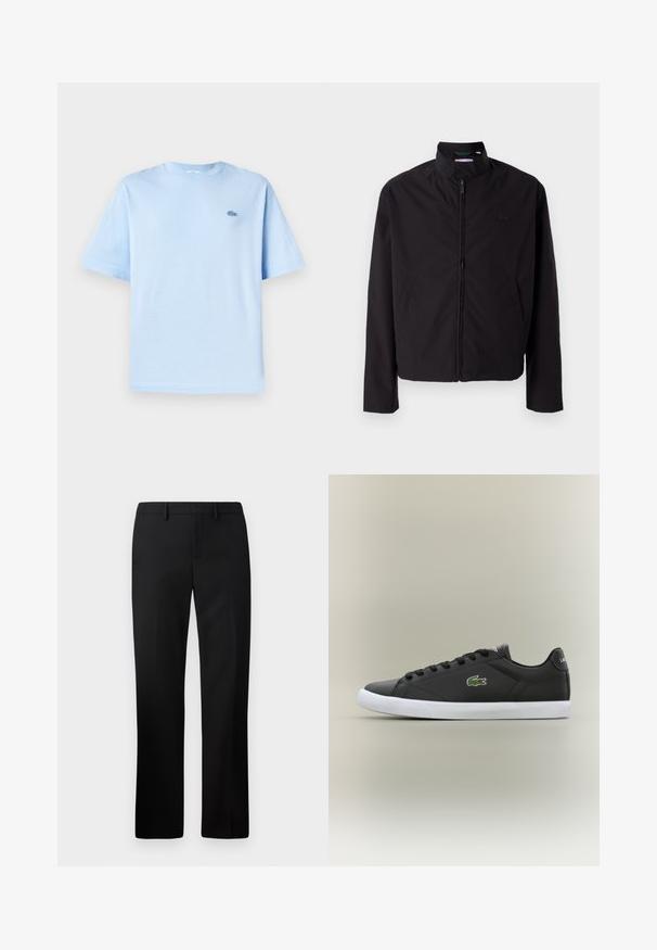 Črna lahka jakna, zadrga, dvignjen ovratnik, stranska žepa, gladka tkanina, minimalističen dizajn z logotipom na prsih.; Svetlo modra bombažna majica s kratkimi rokavi in okroglim ovratnikom ter majhnim vezenim logotipom na levi prsni strani. Mehka tekstura, sproščen kroj.; Črne krojene hlače s ravnimi nogami, izdelane iz gladkega blaga. Lastnosti vključujejo ravno sprednjo stran in pas srednje višine.; Črne usnjene superge z belo gumijasto podplatom, z zelenim krokodiljim logotipom in okroglimi vezalkami, elegantna zasnova z gladko teksturo.