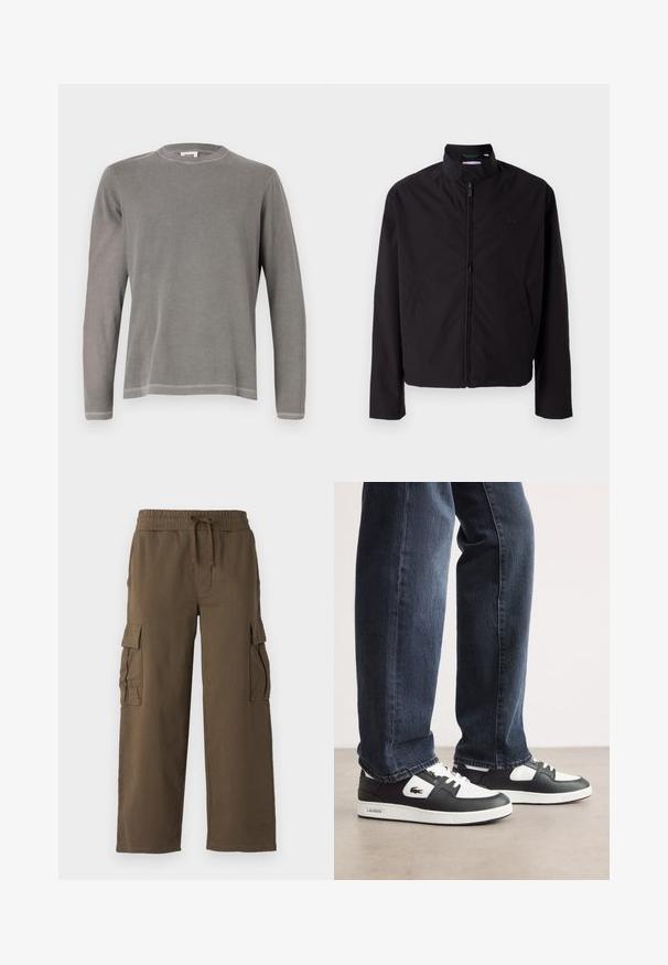 Black lightweight jacket, zip closure, stand-up collar, side pockets, smooth fabric, minimalistic design with logo accent on the chest.; Gray long-sleeve t-shirt with a crew neckline, crafted from soft cotton, featuring simple stitching along the hem and cuffs.; Cargo pants with an elastic waistband, drawstring, and two side pockets. Made from a soft brown fabric with a relaxed, wide-leg design.; Black and white Lacoste sneakers with a textured leather upper, featuring a lace-up design and a white rubber outsole. Worn with dark jeans.