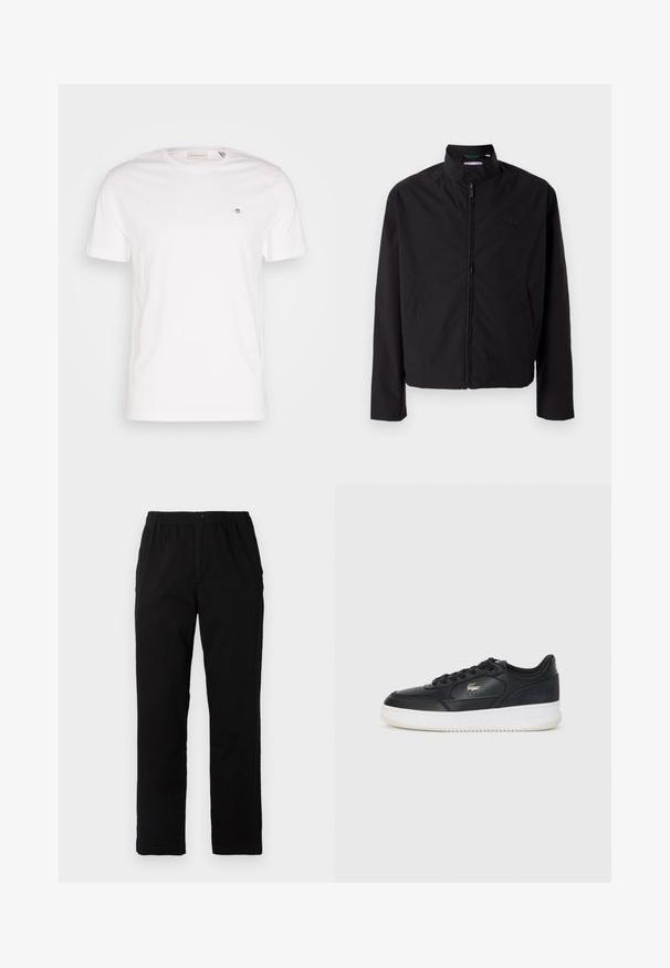 Veste légère noire, fermeture éclair, col montant, poches latérales, tissu lisse, design minimaliste avec accent logo sur la poitrine.; T-shirt en coton blanc avec un col rond, des manches courtes et un petit logo brodé sur la poitrine. Texture douce, design simple.; Pantalons noirs en tissu mélangé de coton, avec une coupe droite, une taille élastique avec bouton et sans motifs ni accents visibles.; Baskets en cuir noir avec semelle blanche, dotées d'un bout arrondi, d'un laçage et d'un logo discret sur le côté. Accents en cuir texturé.